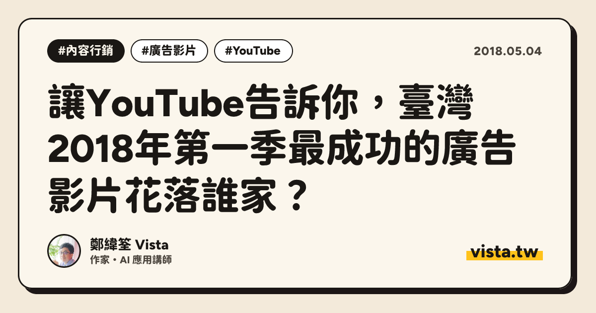 讓YouTube告訴你，臺灣2018年第一季最成功的廣告影片花落誰家？